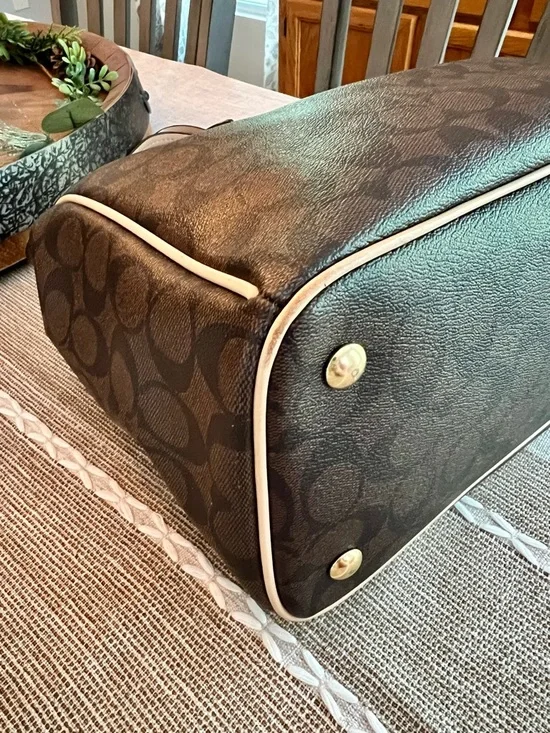 🤎Coach Signature Brown Canvas Tote Tan Leather Trim Shoulder Bag Zip Top - Picture 7 of 16